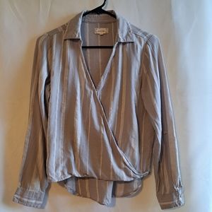 Anthropologie Sandy And Sid Women's Gray Striped Faux Wrap Shirt Size S
